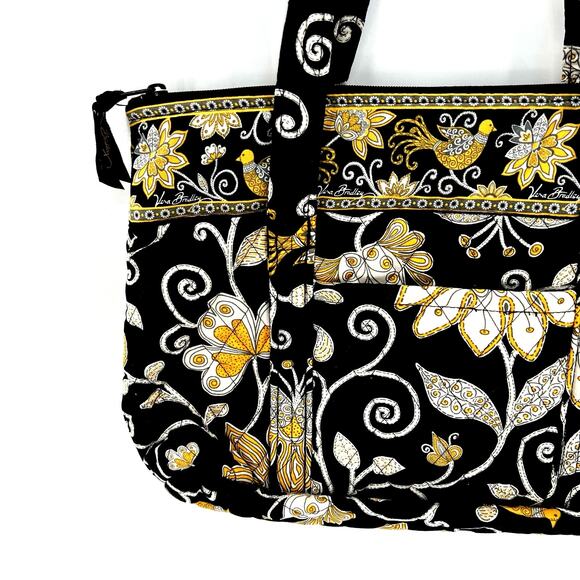 Vera Bradley Tote Shoulder Bag Medium Size Black Yellow Floral Print Pockets - Picture 8 of 8